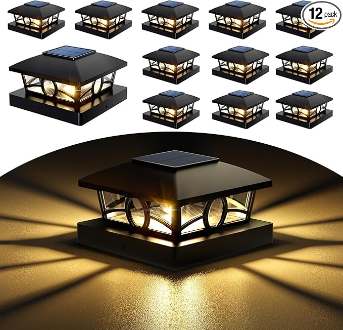 NIORSUN Solar Post Lights Outdoor, Fence Post Solar Lights Warm White Outdoor Waterproof Edison LED Bulbs Garden Patio Fence Deck Decor, 4x4 Post Caps Wood Vinyl, Black 12 Pack
