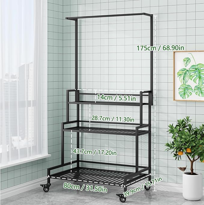 YIZAJIA Plant Stand Indoor 3 Tier Metal Outdoor Tiered Stands Shelf With wheel for Multiple Plants Potted Ladder Plant Holder Table Plant Pot Stand for Window Garden Balcony Living Room