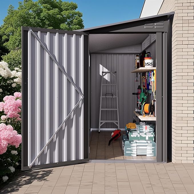 YOPTO 4x9 FT Outdoor Storage Shed,Lean to Metal Shed W/Window,All Weather Waterproof Garden Storage Shed W/ 6 Air Vents & 1 Lockable Door,Weatherproof Tool House W/Sloped Roof,for Lawn,Gray