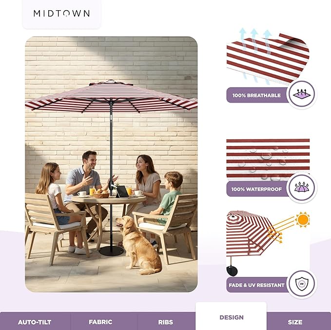 Midtown Umbrellas - 10-Year-No-Fade 10 Ft Patio Umbrella with Terylast Fabric, Auto-Tilt Aluminum Frame and 8 Reinforced Ribs for Deck, Pool, Garden & Beach - Red/White Stripes Canopy, Black Pole