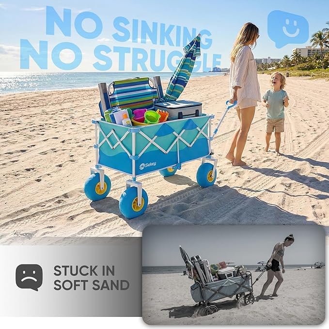 Sekey Heavy Duty Beach Wagon with 9" Big Sand-Proof Wheels – 600lb Capacity, 200L Oversized Foldable Cart | Adjustable Handle & All-Terrain Tires for Sand, Camping, Groceries
