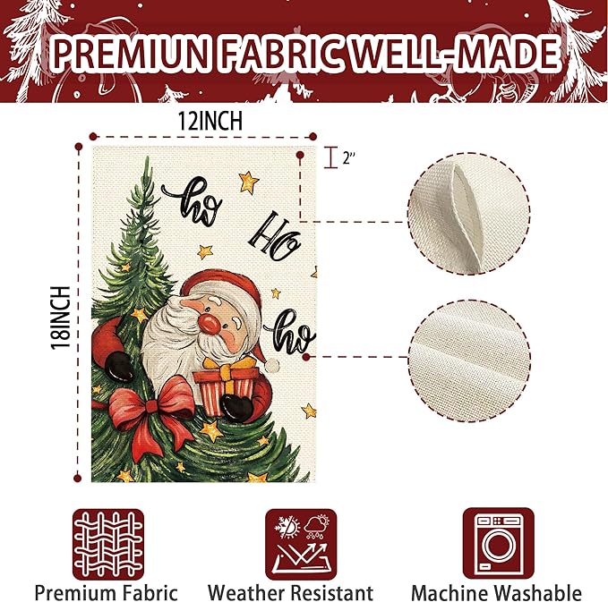Christmas Tree Santa Claus Welcome Garden Flag 12x18 Inch Double Sided, Xmas Holiday Winter Burlap Small Yard Flag Farmhouse Flags Seasonal Patio Outdoor Outside Decoration