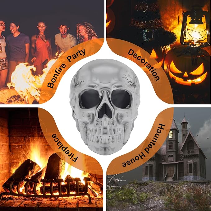 Imitated Human Skull Gas Log for Indoor or Outdoor Fireplaces, Made of Metal, Durable for More Than 10 Years，Fire Pits Halloween Decor Skull Charcoal (Fireproof)(Refractory) (2)