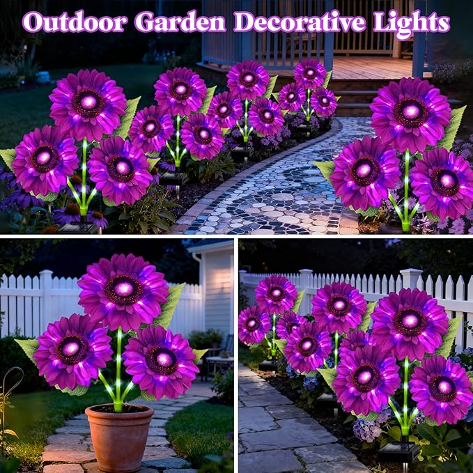 ANGMLN Solar Lights Outdoor Garden Decor, 5 Pack with 15 Purple Sunflower Lights, Solar Flowers Waterproof, Birthday Gifts for Mom Women, Outside Decorative Light for Landscape Yard Patio Lawn