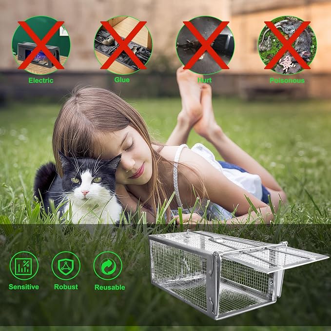 Humane Rat Traps, No Kill Small Animal Cage Trap, Live Mouse Trap Cage Catch and Release, Trampa para Ratones, Chipmunk Rodent Trap that Work for Indoor and Outdoor - 12.3" L x 6.5" W x 5.3" H