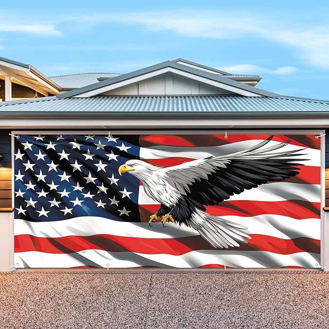6 * 13FT Eagle flag 4 of July Garage Door Cover Decorations Independence Day Garage Door Banner for Outdoor Indoor Patriot Party Photography Backdrop
