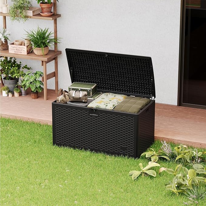 120 Gallon Waterproof Resin Deck Box Large Lockable Storage Container with Hydraulic Rod for Patio Furniture Tools Pool Garden Outdoor Indoor Black 50"L x 26"W x 25"H