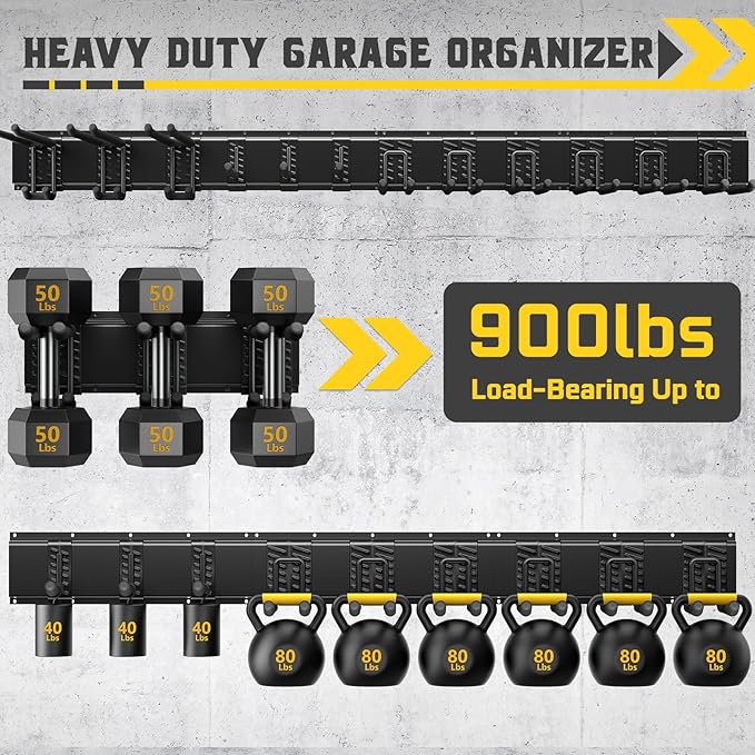 64" Garage Tool Organizer Wall Mount, 900 lbs Heavy Duty Steel Garden Tool Storage Rack with 12 Adjustable Hooks for Yard, Shed, Garage (4 Racks, 12 Hooks, 2 Straps)
