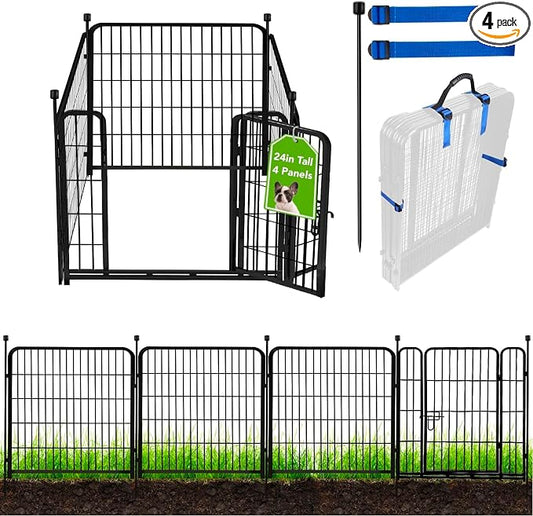 ADAVIN 24 in(H) Garden Fence with Gate, 4 Panels Total 9.8 Ft(L), Heavy Duty Iron Metal Animal Barrier Fence, Camping Fence, No Dig Garden Border Fencing for Yard