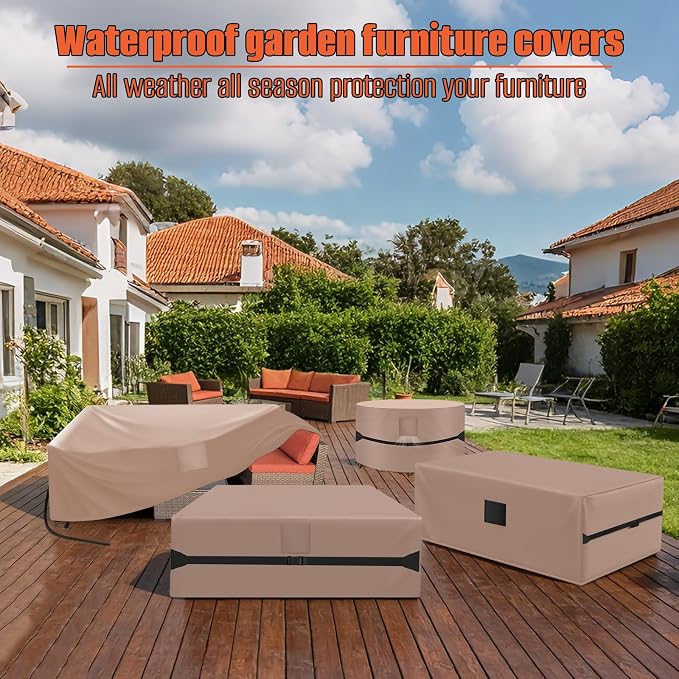 Rectangular Patio Table Cover 98"L x 79"W x 32"H, 600D Oxford, Khaki | 600D Oxford Cloth Waterproof Outdoor Dining Table and Chairs Furniture Covers