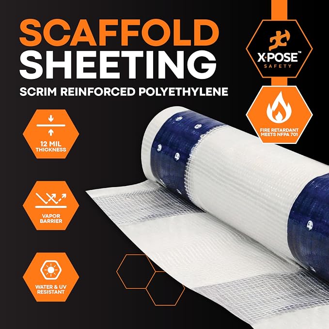 Xpose Safety Fire-Retardant Scaffold Sheeting 13' x 100' – Bulk Half Pallet 8 Packs – 12 Mil White Polyethylene, Heavy Duty Reinforced, UV, Tear-Resistant Construction Wrap for Weather Protection