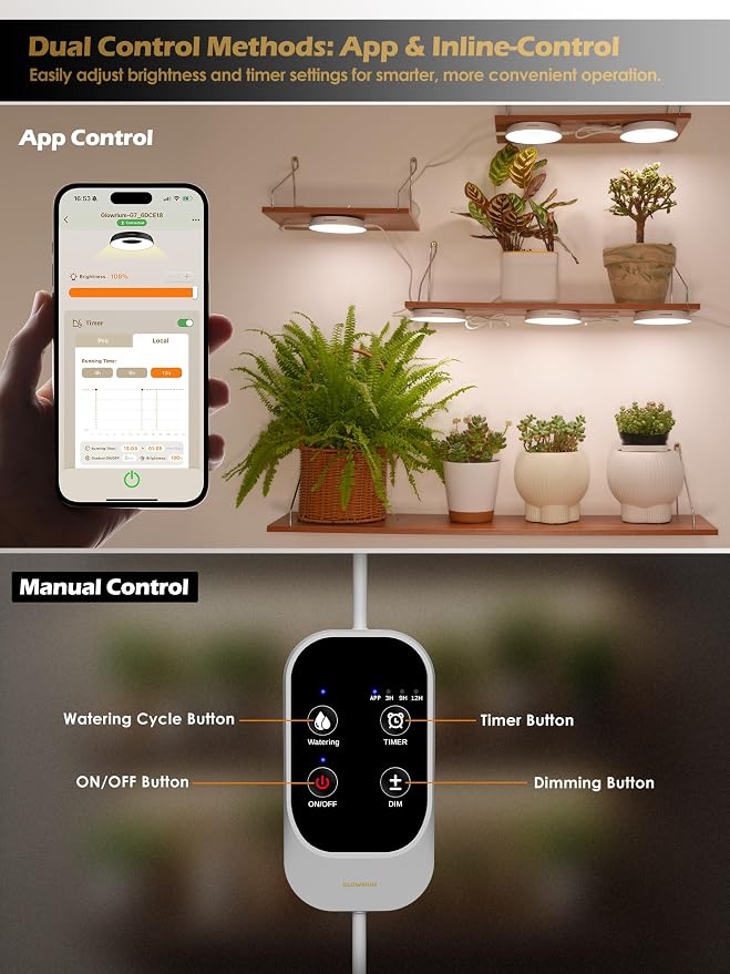 GLOWRIUM Grow Lights for Indoor Plants,48W Smart Full Spectrum LED Grow Light, Auto Timer and Stepless Dimming,Plant Assistant with Watering Reminder,Modular Design (White, 6 PCS)