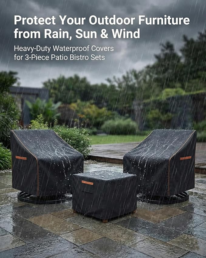 3-Piece Patio Furniture Cover Set for Bistro Sets, Waterproof Outdoor Furniture Covers for 2 Chairs & Coffee Table, Heavy Duty 600D, UV Resistant, All-Season Protection for Patio, Porch & Backyard
