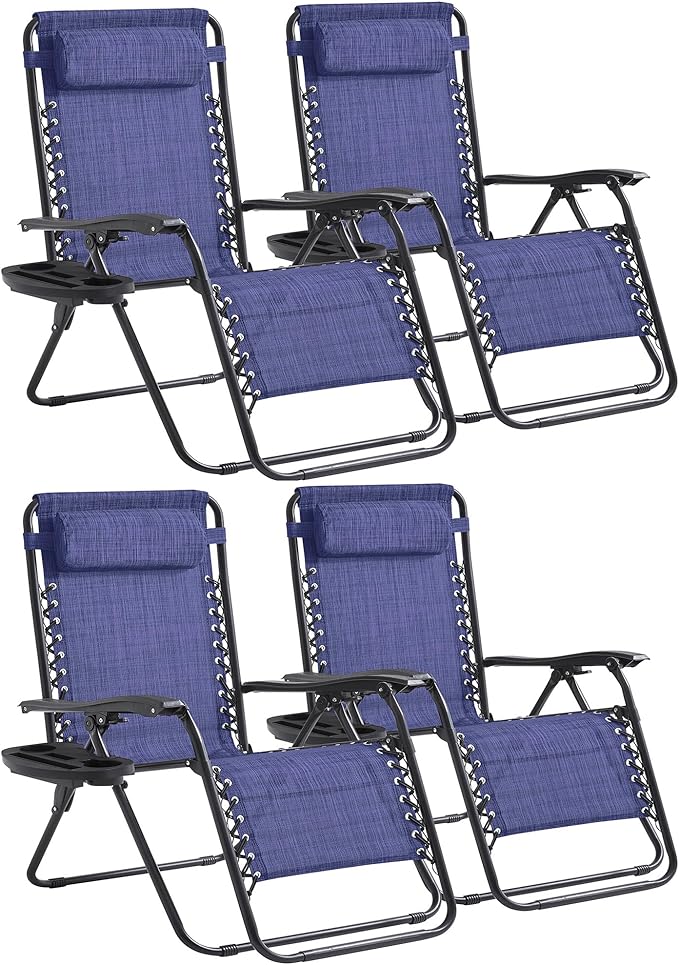 Zero Gravity Chair Set of 4 Oversized Folding Recliner, Padded Anti Gravity Lounge Chair with Adjustable Pillow & Cup Holder for Outdoor Camping, Patio, Poolside, Lawn (Blue)