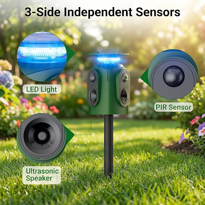 Solar Powered Cat Repellent Ultrasonic Deer Repellent 360 Degree Animal Deterrent Waterproof Squirrel Repeller with Flashing Light Outdoor Skunk Repellent Outdoor Yard Lawn Garden