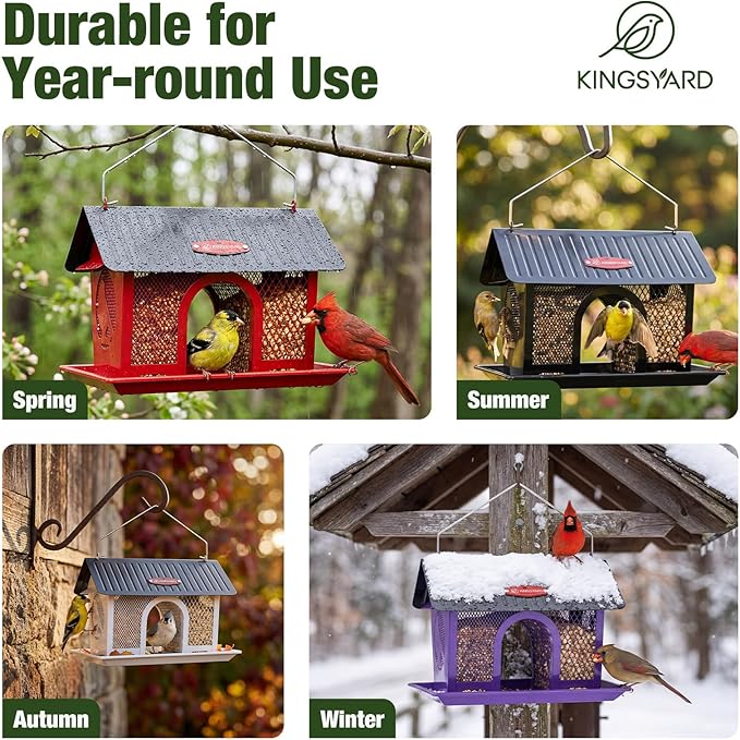 Kingsyard Bird Feeder for Outdoors Hanging, Dual-Use Metal Mesh Wild Bird Feeders with Seed Tray & Weatherproof Roof, 3 lbs Large Capacity, Purple