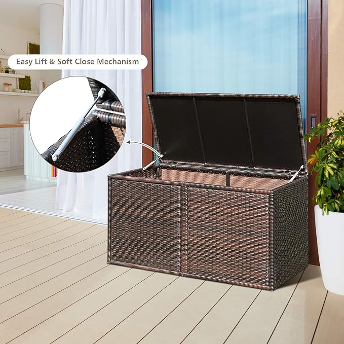 RELAX4LIFE PE Wicker Storage Box - Outdoor 88 Gallon 2-Tier Deck Box for Patio Furniture Toys Storage w/Lid & Front Doors, All Weather Rattan Storage Bin for Backyard Garden Poolside Porch (Brown)