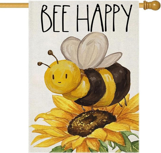 BEE HAPPY House Flags for Outdoor Decoration, Summer Watercolor Bee with Sunflower Large Yard Flag, Seasonal Decorative Celebration Decor for Spring Farmhouse Holiday Outside 28x40 Inch Vertical Double Sided