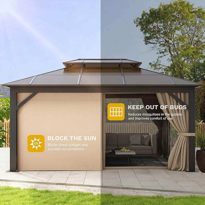 DWVO 10x12ft Hardtop Gazebo Double Roof Polycarbonate Canopy Outdoor with Netting and Shaded Curtains, Aluminum Frame Garden Tent for Patio, Backyard, Deck and Lawns, Brown