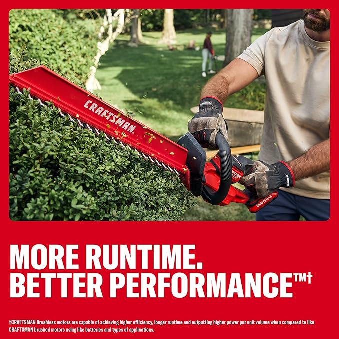 CRAFTSMAN V20 22 in. Hedge Trimmer Cordless with 2Ah Battery and Charger, Lightweight Brushless RP Bush Trimmer with Hedge Sweep Attachment, Longer Runtime, Up to 2X More Power (CMCHT830D1)