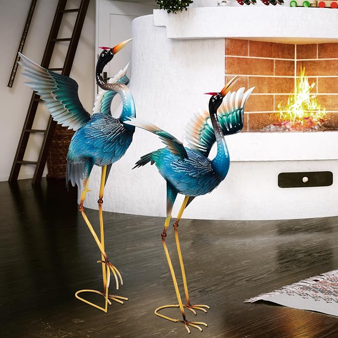 Garden Statues Large Metal Crane Sculptures, Outdoor Heron Metal Statue Yard Art for Garden Decor, Realistic Bird Art for Outdoor Decor, Standing Lifelike, Water&Rust-Proof, Set of 2 Sky Blue