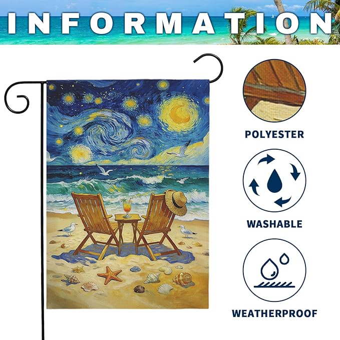 Beach Garden Flag Spring Summer Coastal Yard Flags Van Gogh Inspired Starry Night Style Ocean Seaside Chairs House Banner for Outside Lawn Patio Porch Seasonal Home Double Sided 12x18 Inch