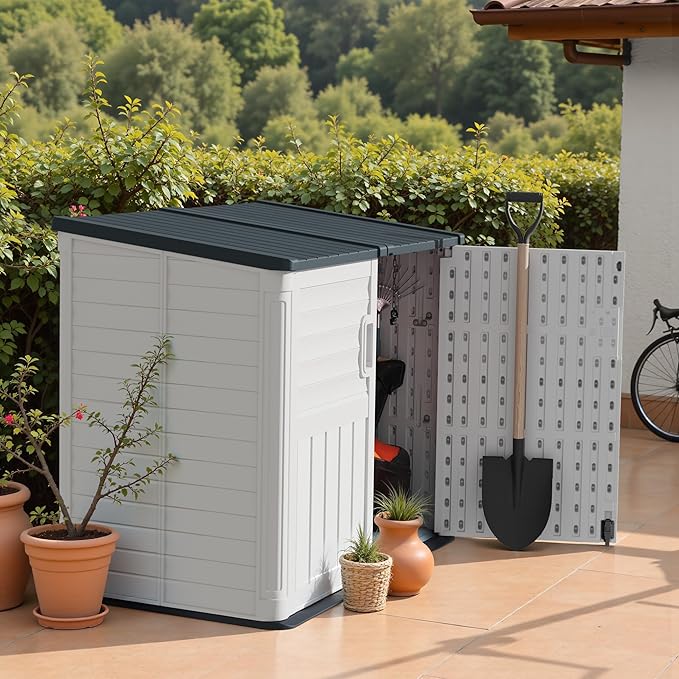 TUOZE 34 Cu Ft Resin Storage Shed with 2 Shelves, Waterproof Outdoor Storage Cabinet with Sloping Roof & Lockable Lid for Garden Tools, Trash Cans (Beige)