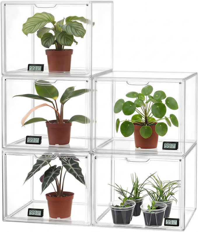 HBlife Mini Greenhouse for Indoor, Clear Stackable Green House with Magnetic Waterproof Door for Small Plants Nursery Germination, Tabletop Portable Greenhouse, 14.1x8.6x10.6 Inch (5 Pack)