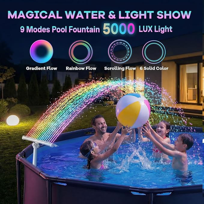 Solar Pool Fountain for Above Ground and Inground Pools with 9-Color Auto-Sensing Lights, High-Pressure Dual Spray Waterfall and 360° Adjustable Sprinkler Cools by 10-20°F for Relaxation
