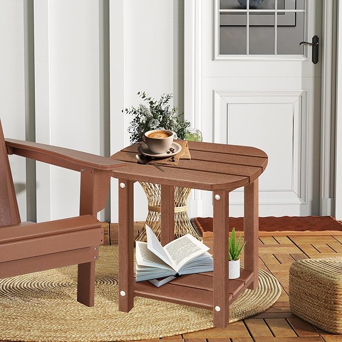 LZRS 2-Tier Patio Side Table, Heavy Duty HDPE Outdoor End Table with Wood Texture, Weatherproof Composite Table for Adirondack Chairs, Deck, Pool, Indoor/Outdoor, No Peeling Cracking(Brown)