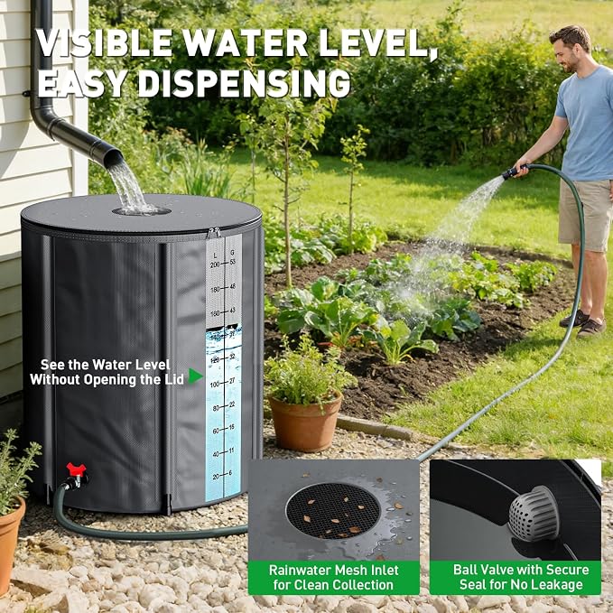 Yesker Collapsible Rain Barrel, 53 Gallon Portable Rainwater Collection System, 550D PVC Water Storage Tank, Rain Catcher with Spigots Filter Overflow Kit, Grey
