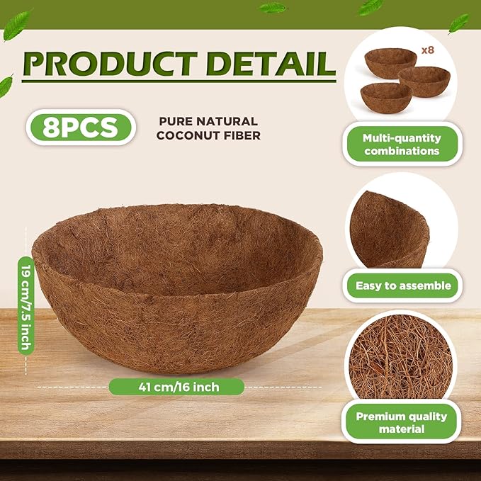 Gerrii 8 Pcs 16 Inch Coconut Liners for Hanging Baskets Coco Liners for Planters Natural Round Coconut Coco Planter Basket Coir Liner for Hanging Basket Flowers/Vegetables