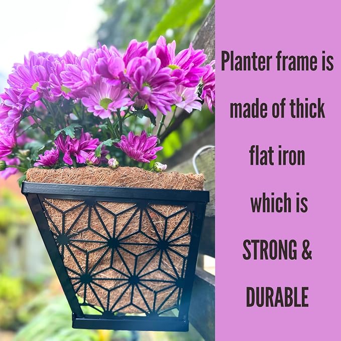 LaLaGreen Window Boxes Planter for Outdoor Plants (2 Pack, 24 Inch) Black Metal Rectangular Flower Pot Wall Planters with Coco Liner, Modern Stylish Horse Trough Deck Railing Rail Balcony Patio Fence