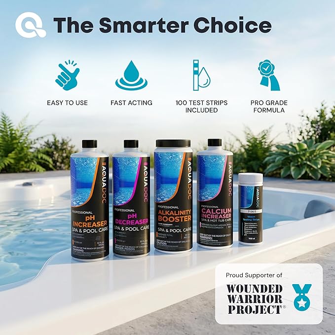 AquaDoc Hot Tub Water Balance Kit with pH Increaser, pH Decreaser, Alkalinity & Calcium Increaser, 100 Test Strips - Hot Tub Chemicals Starter Kit Compatible with Chlorine & Bromine - Made in USA