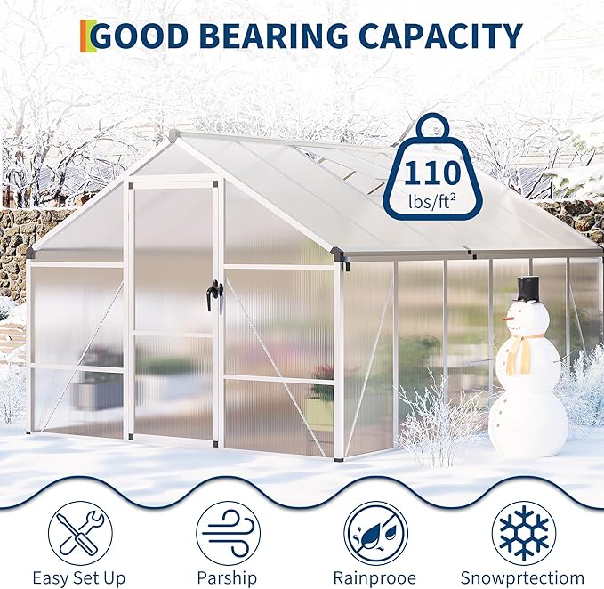 IDEALHOUSE 8×12 FT Greenhouse, Large Walk in Greenhouses for Outdoors and Garden Planting, Polycarbonate Greenhouse with Enhanced Aluminum Frame, Green Houses with Quick Setup Structure and Roof Vent