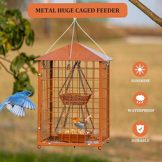 Mealworms Bird Feeders for Bluebirds - Metal - Huge Caged Squirrel-Proof Bird Feeders with 2 Cups, DIY Wild Bird Feeders Outdoor Hanging (Brown), Attract Wild Birds, 2lbs Seed Capacity+1 Mealworms Cup
