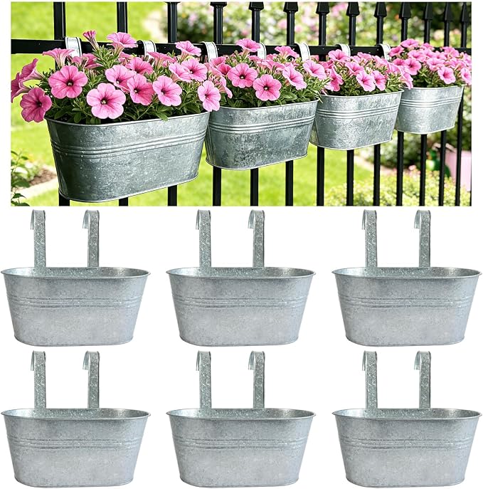 Balcony Galvanized Hanging Planters Railing Flower Pots, Outdoor Metal Fence Planter Pot with Detachable Hooks Drain Hole for Garden Patio Yard Decor (12 Inch, 6Pcs)