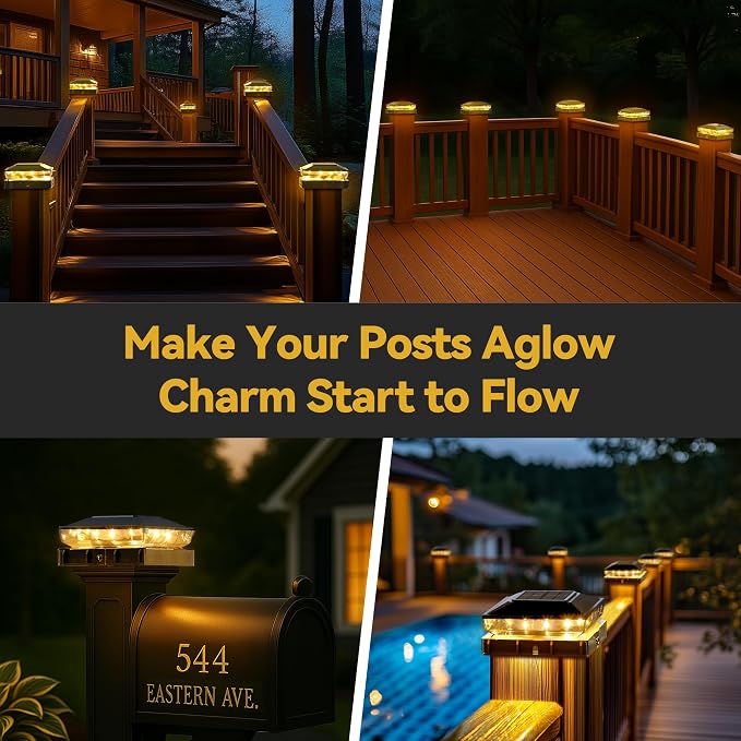 KEILAIMO Solar Post Cap Lights, 12-Pack Upgraded Outdoor Deck Fence Post Solar Lights for 4x4 5x5 Wood/Vinyl Posts, IP65 Waterproof, 10-12 Hours Warm White Glow for Garden/Patio/Porch - Black