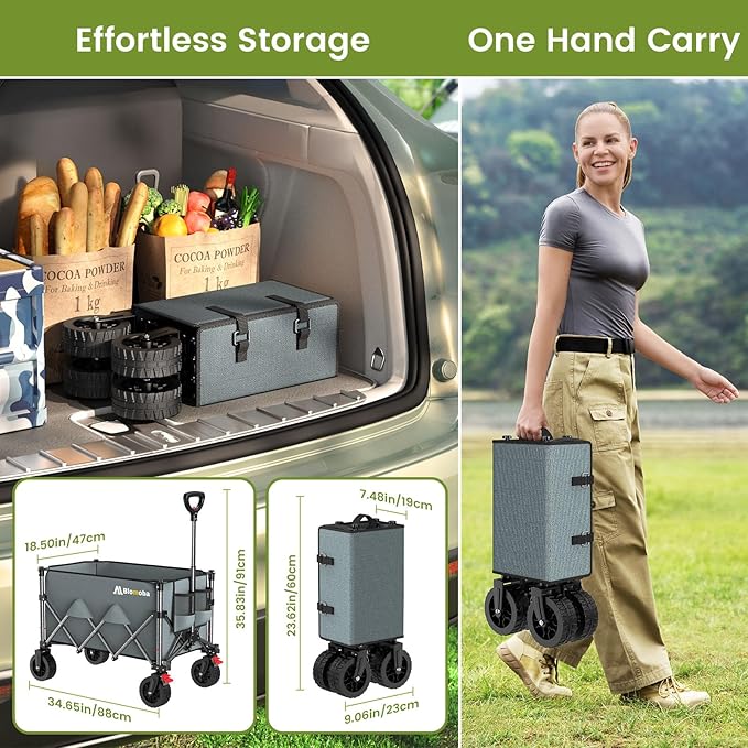 Blomoba Collapsible Wagon Cart, 150L Heavy Duty Foldable Beach Wagon with Wider Wheels & Auto-Rebound Handle, Utility Grocery Shopping Cart for Garden, Shopping, Camping, Sports, Gray