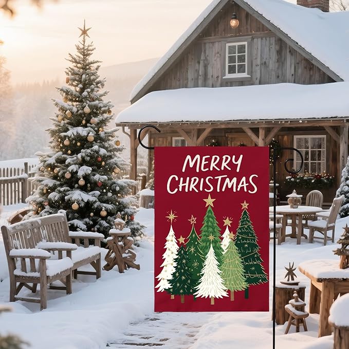 Merry Christmas Garden Flag 12x18 Inch Dark Red Green Xmas Tree Holiday Winter Decorative Yard Flags for Outside Double Sided Seasonal Outdoor Home Farmhouse Decoration Porch New Year Decor