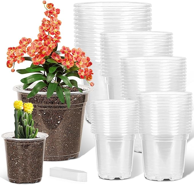 JNYONG 60 Pack 3.5/4/5/6/7 Inch Clear Nursery Pots with Drainage Hole,Variety Sizes Seed Starting Pots Transparent Plastic Plant Pots for Plants Transparency with 50 Plant Labels
