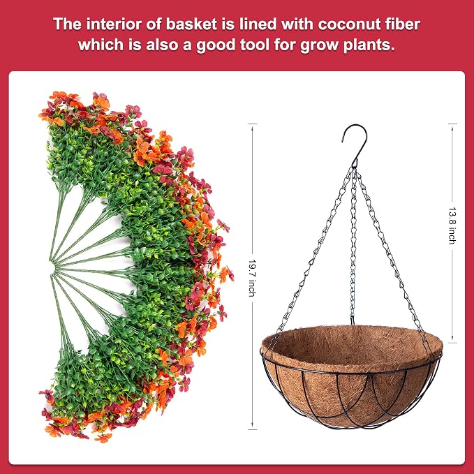 INXUGAO Artificial Silk Flowers Hanging Baskets for Outdoors Indoors, Daisy with Eucalyptus Leaves Arrangement for Garden Yard Decor, Faux Green Plant in Metal Coconut Lining Flowerpot(Orange Brown)