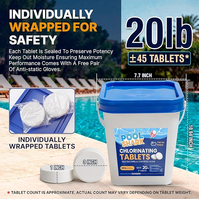 Pool Shark Swimming Pool Chlorine Tablets | 3-Inch Chlorine Tablets | 20 lbs | Slow-Dissolving 90% Active Chlorine Tabs | Pool Chemicals for Inground Pools, Above Ground Pools, Saltwater, Spa, Hot Tub