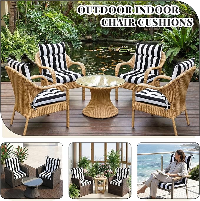 Sintuff 4 Pcs 44 x 21 x 4 Patio Chair Cushions Outdoor Chair Cushion Seat/Back Tufted Pillow with Ties Water Resistant Replacement Indoor Patio Furniture Outdoor Furniture (Stripe,Black,White)