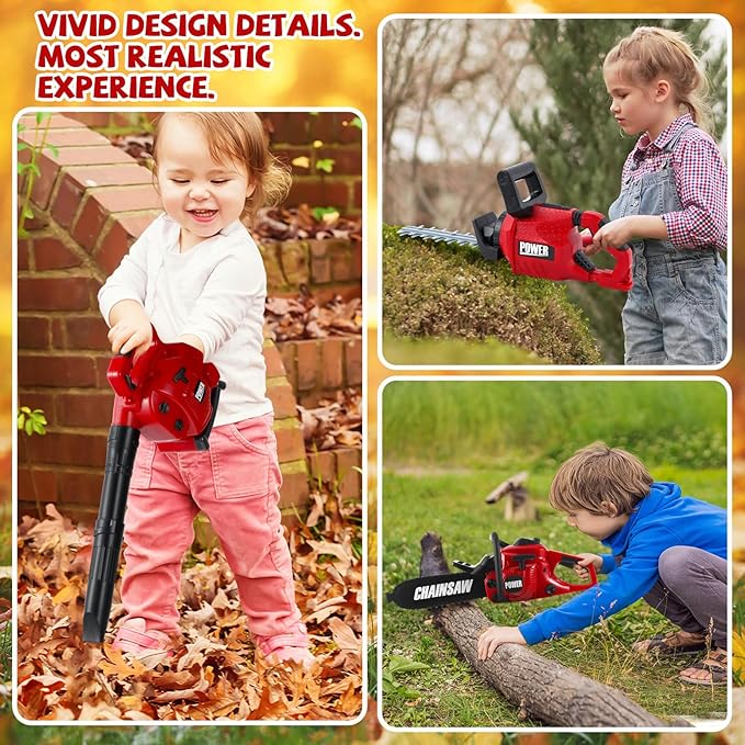 Arrowbash 4 Pcs Toy Gardening Tool Set for Kids Toy Leaf Blower Chainsaw Hedge Trimmer Push Lawn Mower Battery Play Set Christmas Birthday Party Gift for Boys Girls