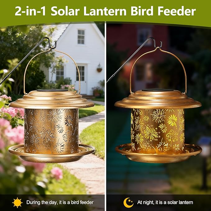 Solar Bird Feeders for Outdoors, Weatherproof Metal Bird Feeder, Outside Hanging Birdfeeder Lantern with Flowers Pattern for Courtyard Garden Decoration