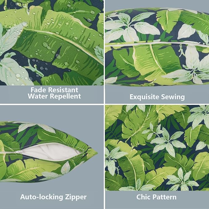 LVTXIII 2 Pack Outdoor Throw Pillow Covers for Patio Furniture, 16x16 Inch Square Pillow Case, Water-Repellent Cushion Covers for Garden, Porch, Sofa, Jungle Leaves