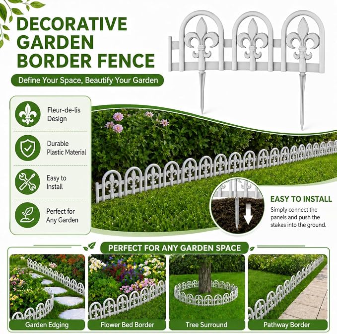 Evelyne Gray Garden Border Plastic Edging – PP Plastic, Short Metal-Free Wrought Iron Look Design, 27pcs Yard Landscaping Fence Liner Lawn Edge Barrier, 35ft Kit of Decorative Lawn Landscape Panels