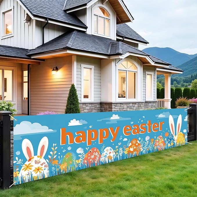 10x3 ft Extra Large Happy Easter Banner Outdoor 115''x35'' Cut Rabbit Banner for Fence Outside Garden Large Bunny Banners Yard