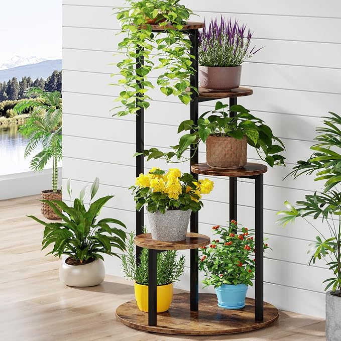 LITTLE TREE 5-Tier Corner Plant Stand, Free Standing Wood Metal Flower Rack Pot Shelf Display with Round Board, Garden Patio Balcony Plant Holder for Indoor Outdoor Living Room, Bedroom, Rustic Brown